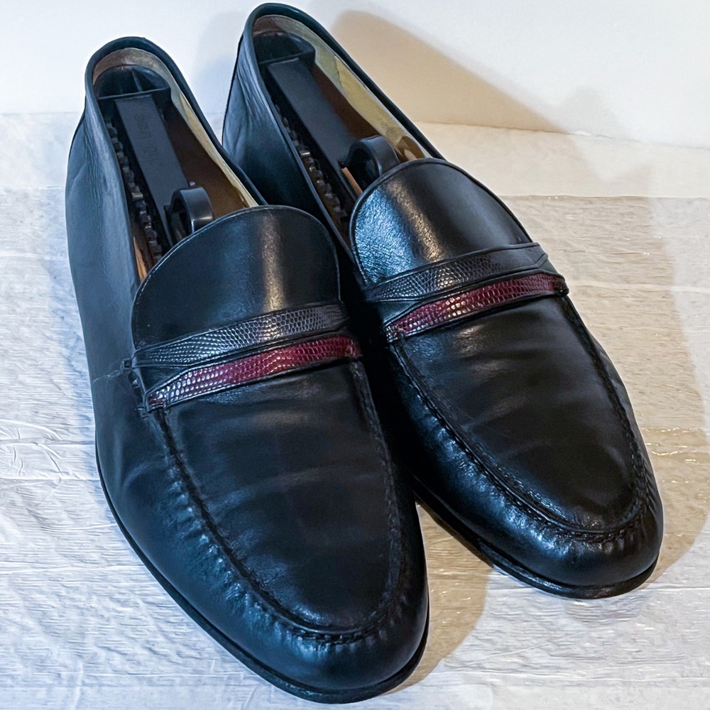 A. Testoni Black Red Leather Lizard Strap Loafers 10 Italy